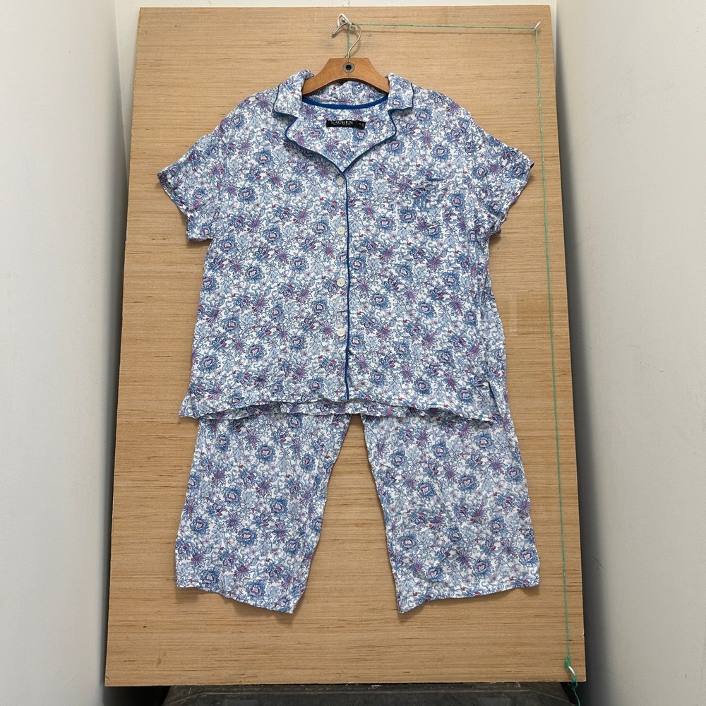 Lauren Ralph Lauren Pajama Set XL Blue Floral Paisley Short Sleeve Crop Pants